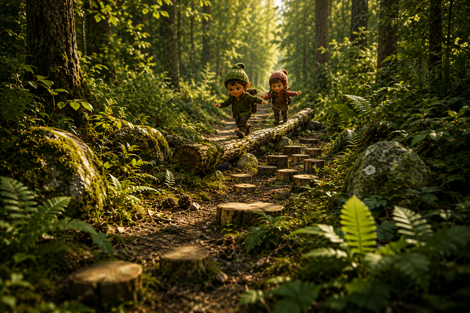 Stig och Tova balanserar på en fallen trädstam i skogen